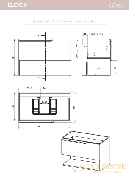 тумба 80 см visobath eleven 85602/ceniza 1 ящик и 1 открытая полка, пепельный матовый лак (ceniza)